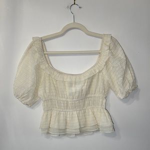Lush Cream Peplum Blouse Top with Puff short Sleeves new with tag